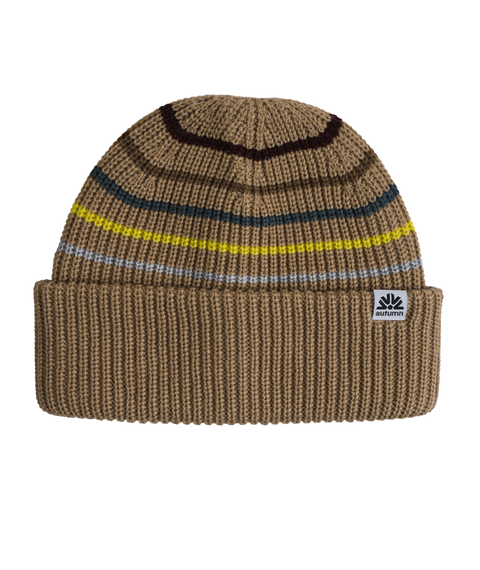 Autumn tan knit beanie with multicolor stripes and folded cuff