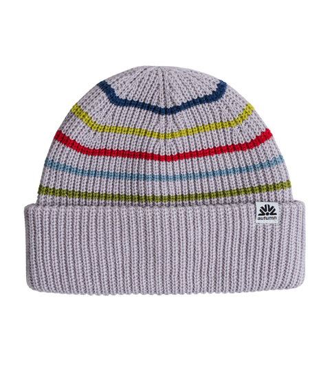 Autumn Retro Beanie in light gray with multicolor stripes and cuffed brim