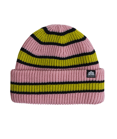 Autumn Slacker knit beanie in pink with yellow-green and black stripes