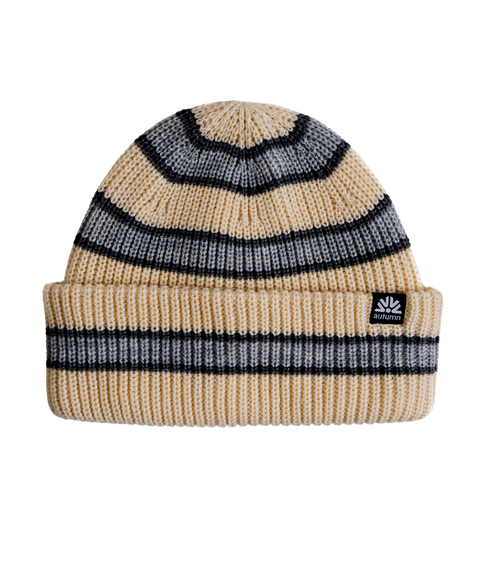 Autumn Slacker cream knit beanie with gray and black horizontal stripes and fold cuff