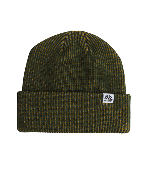 Autumn Static Beanie in olive green marl knit with folded cuff and logo patch