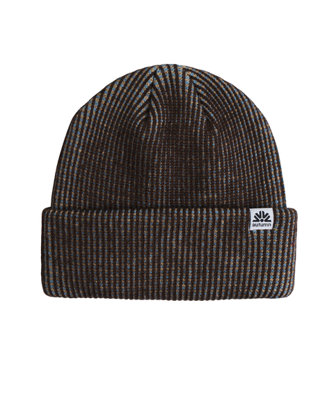 Autumn ribbed knit beanie in dark brown with blue and tan flecked pattern