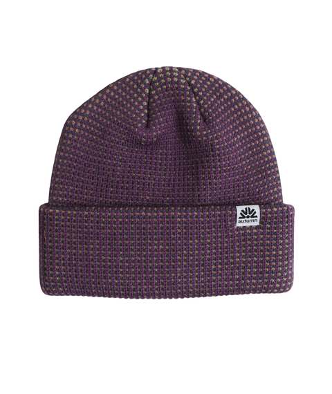 Autumn Static Beanie in purple waffle knit with folded cuff and logo patch