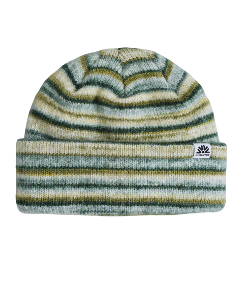 Autumn Fuzz Beanie in multicolor green striped knit with ribbed cuff