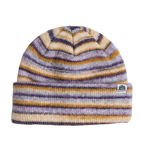 Autumn Fuzz Beanie with multicolor purple, gold, and cream horizontal stripes and cuffed brim