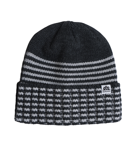 Autumn Hearth Beanie in dark charcoal with white stripe knit pattern and cuffed brim
