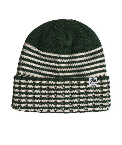 Autumn Hearth Beanie in forest green and cream horizontal stripes with cuffed brim