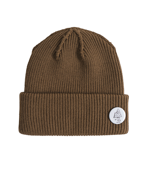 Autumn DIY brown ribbed knit beanie with folded cuff and round logo pin