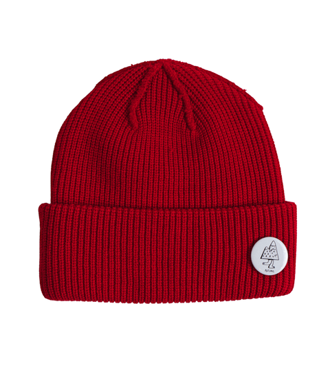 Autumn DIY red ribbed knit beanie with folded cuff and logo pin