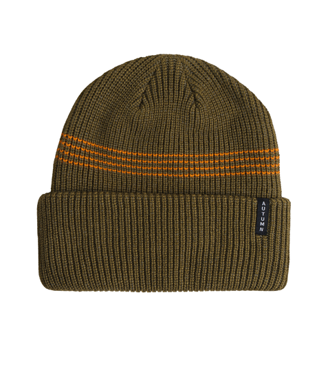Autumn olive green ribbed knit beanie with orange stripe detail and cuffed brim