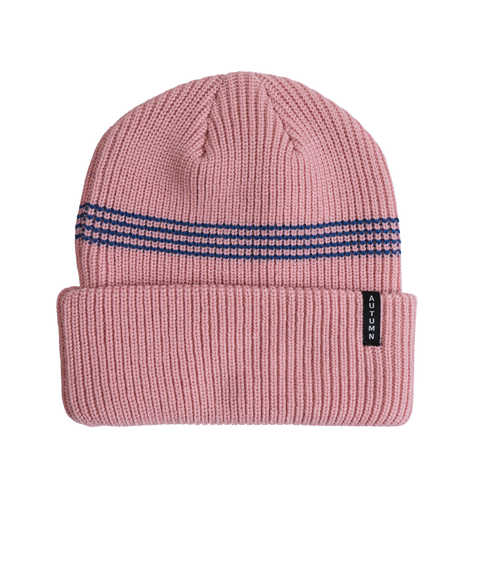 Autumn pink ribbed knit beanie with navy blue stripes and cuffed brim