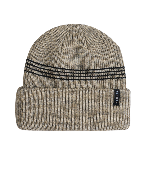 Autumn beanie in heathered tan with two black stripes and fold-up cuff