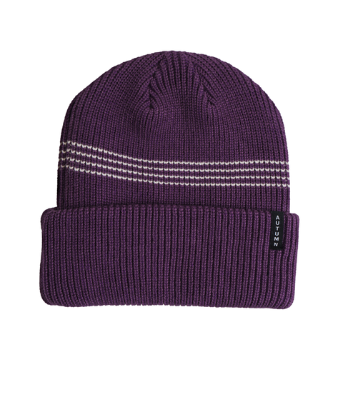 Autumn Mini Stripe Beanie in purple with white accent stripes and cuffed brim
