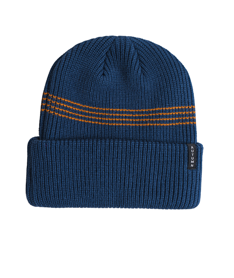 Autumn navy blue knit beanie with orange stripes and folded cuff