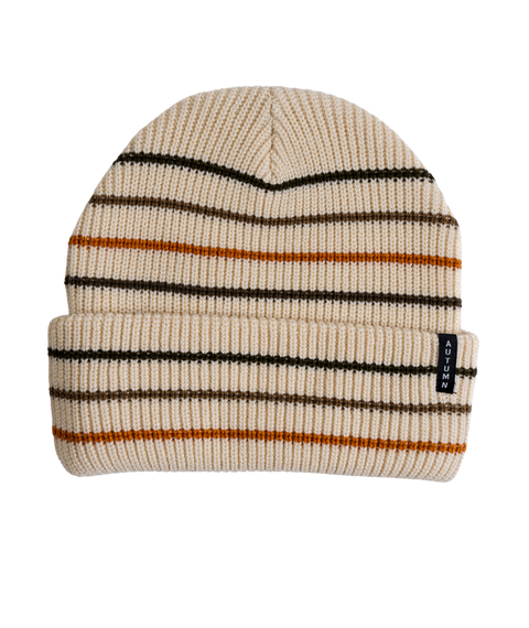 Autumn cream ribbed knit beanie with brown and orange horizontal stripes and cuffed brim