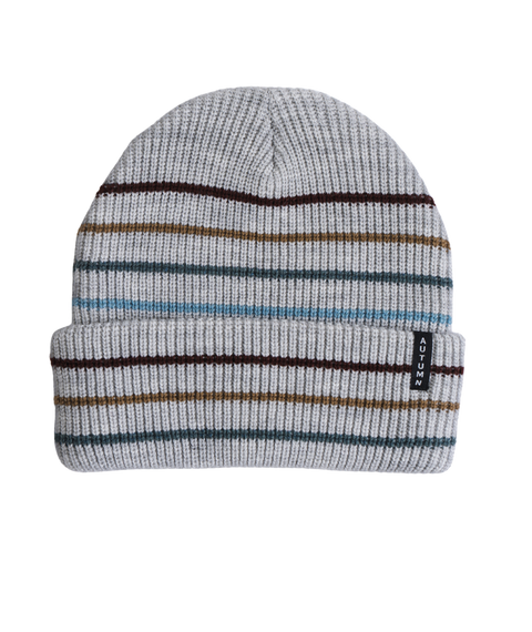 Autumn heather gray ribbed knit beanie with multicolor horizontal stripes and cuffed brim