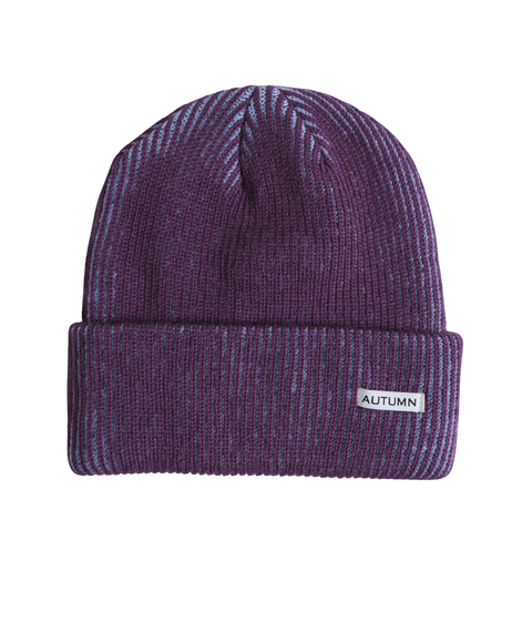 Autumn ribbed knit beanie in marled purple and blue with folded cuff