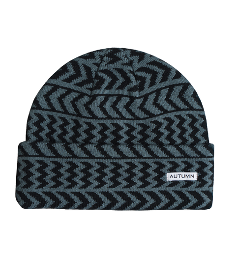 Autumn Chevron Beanie in black and gray zigzag knit pattern with cuffed brim