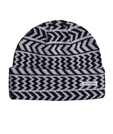Autumn knit beanie with black and white chevron zigzag pattern and folded cuff