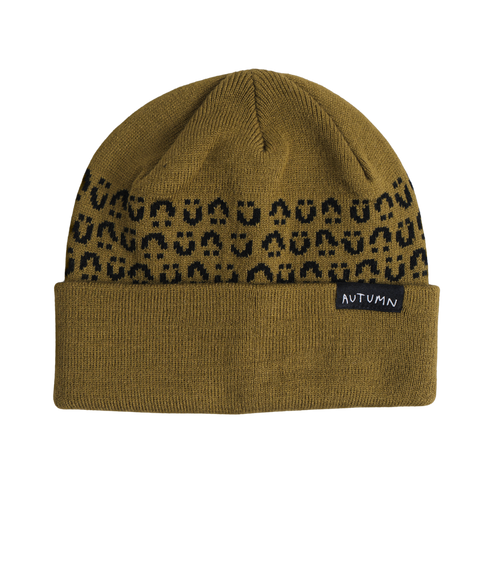 Autumn olive green knit beanie with black leopard print pattern and cuffed brim