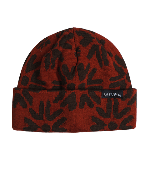 Autumn Craft Beanie in rust red with dark brown botanical leaf pattern and cuffed brim