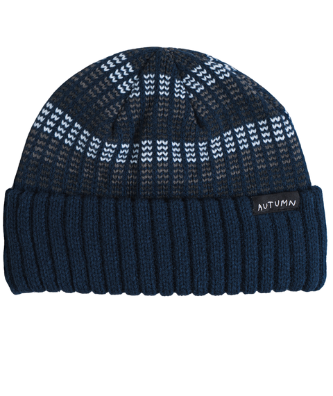 Autumn Riddim Beanie in navy blue with gray and white Fair Isle knit pattern