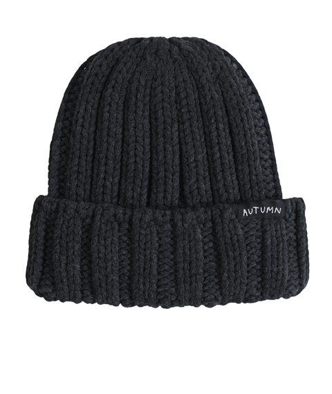 Autumn Thrift Beanie in dark charcoal chunky ribbed knit with folded cuff