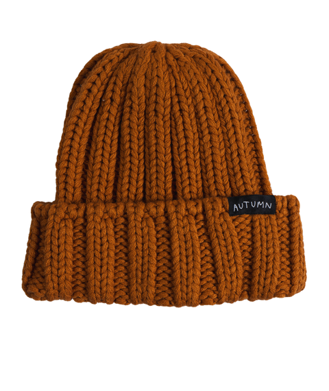 Autumn Thrift Beanie in rust orange chunky ribbed knit with folded cuff