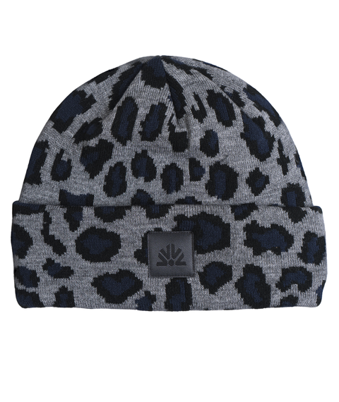 Autumn knit beanie in gray and navy leopard print with folded cuff