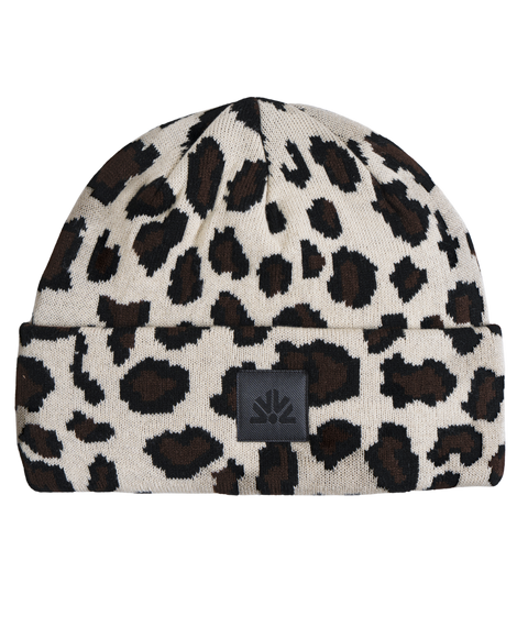 Autumn cream leopard print knit beanie with folded cuff and logo patch