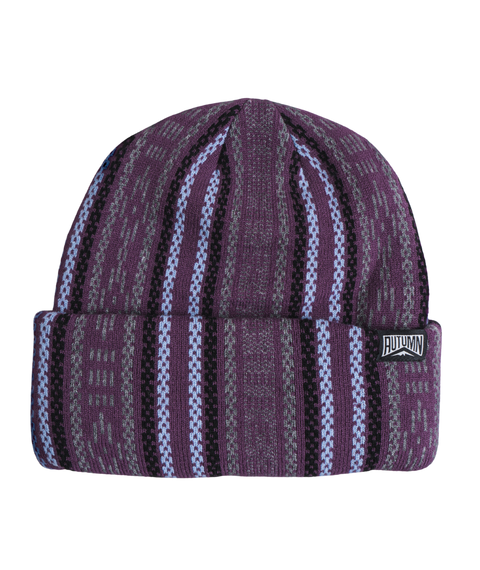 Autumn Knapsack Beanie in purple with blue and black vertical stripe knit pattern