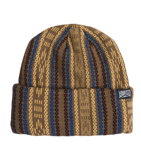 Autumn Knapsack Beanie in tan, brown, and blue striped knit pattern with cuffed brim