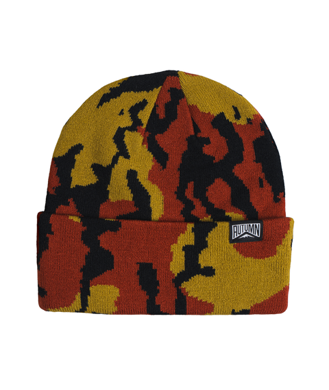 Autumn knit beanie with autumn camo pattern in gold, rust, and black