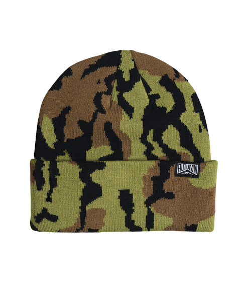 Autumn branded knit beanie in green, brown, and black camouflage pattern with cuffed brim