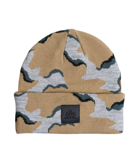 Autumn knit beanie in tan and grey wavy camouflage pattern with folded cuff