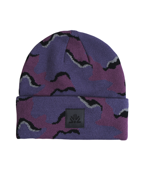 Autumn Wavy Camo Beanie in purple tones with black wave pattern and logo patch