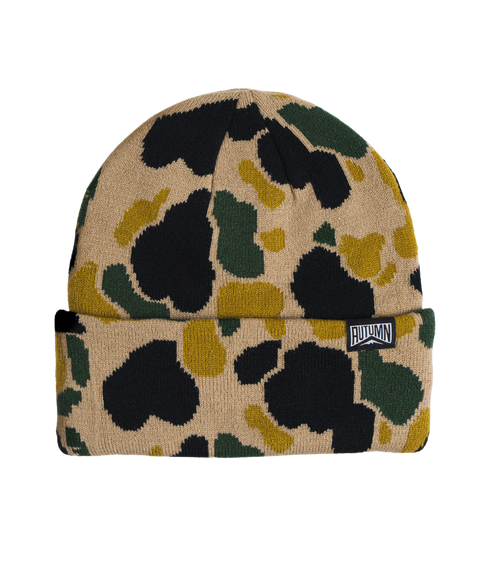 Autumn branded knit beanie in tan, black, green, and yellow duck camo pattern