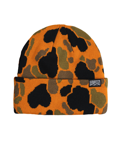 Autumn knit beanie in orange duck camo pattern with folded cuff and logo patch