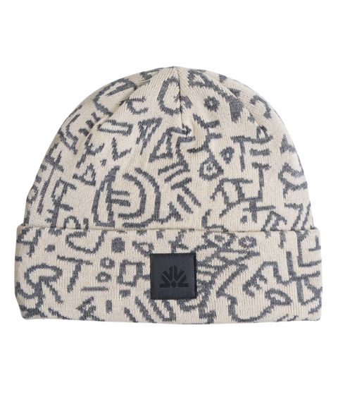 Autumn Soul Camo Beanie with abstract graffiti pattern and small logo patch on cuff