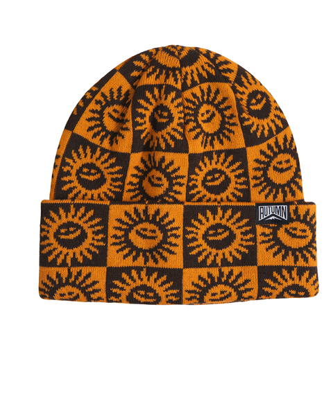 Autumn Newday Beanie featuring checkered pattern with smiley sunflower faces and folded cuff