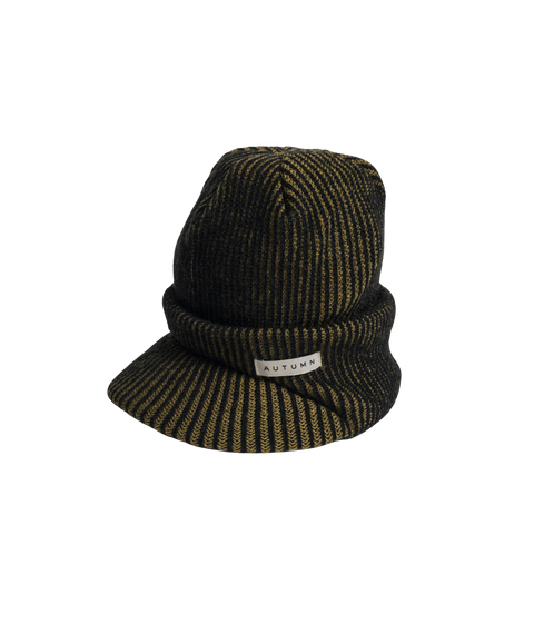 Autumn Cord Visor Beanie in black and olive striped knit with folded brim