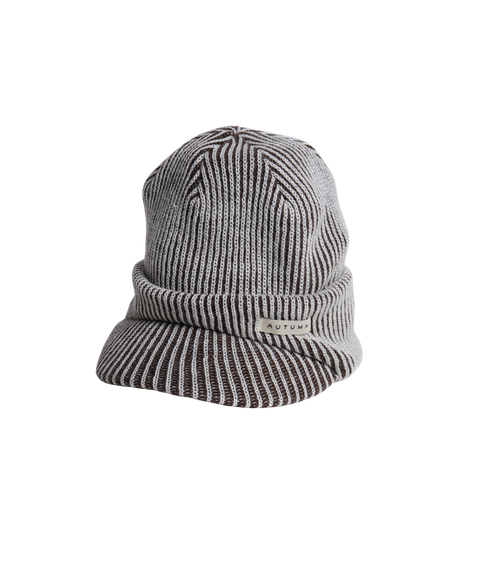 Autumn ribbed knit beanie with visor brim in brown and white stripe pattern