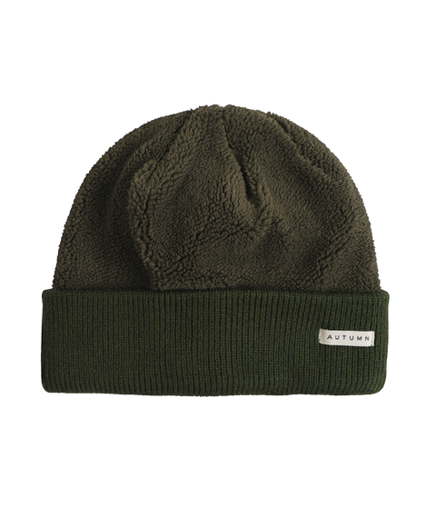 Autumn olive green sherpa fleece beanie with ribbed knit cuff and woven label