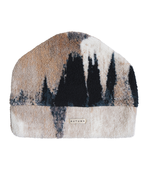 Autumn MTN Goat Beanie in fleece with forest treeline and mountain scenic print