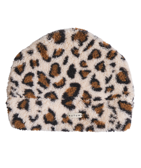 Autumn MTN Goat Beanie in cream leopard print sherpa fleece with brown and black spots