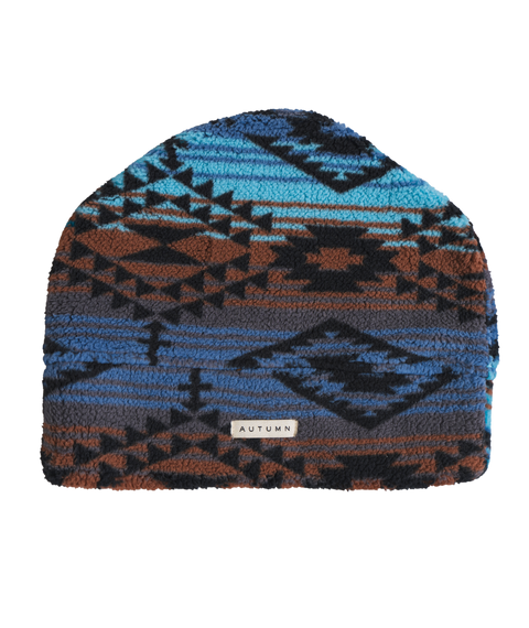 Autumn MTN Goat fleece beanie with blue, brown, and black southwestern pattern