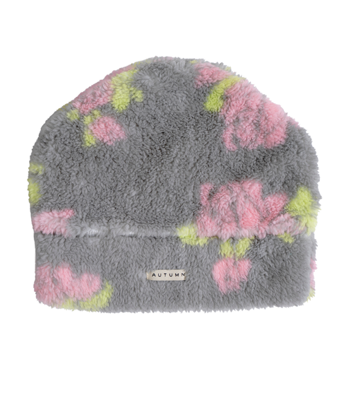 Autumn MTN Goat gray sherpa beanie with pink and neon yellow floral pattern