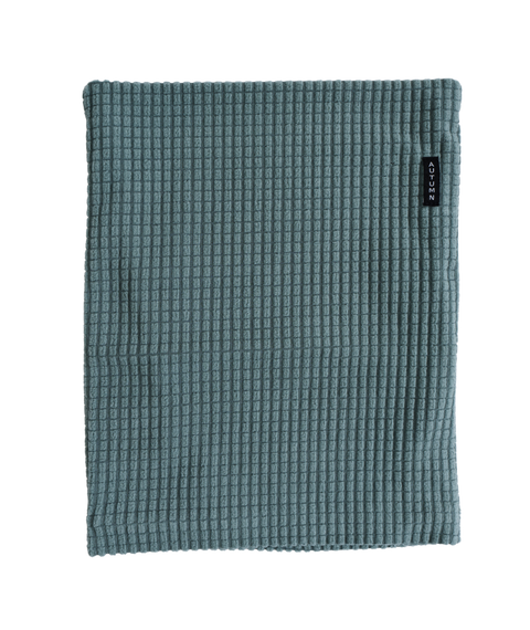 Autumn teal waffle-knit fleece neck gaiter with small branded label
