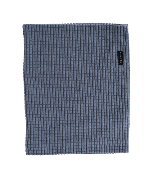 Autumn slate blue waffle-texture fleece neck gaiter, folded flat with brand label
