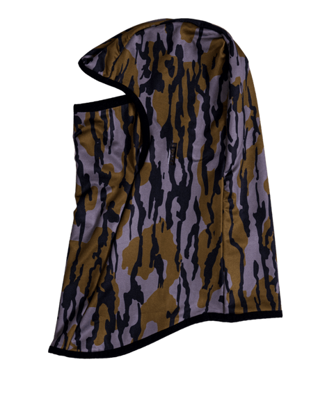Autumn fleece lined balaclava in gray, olive, and black camouflage pattern